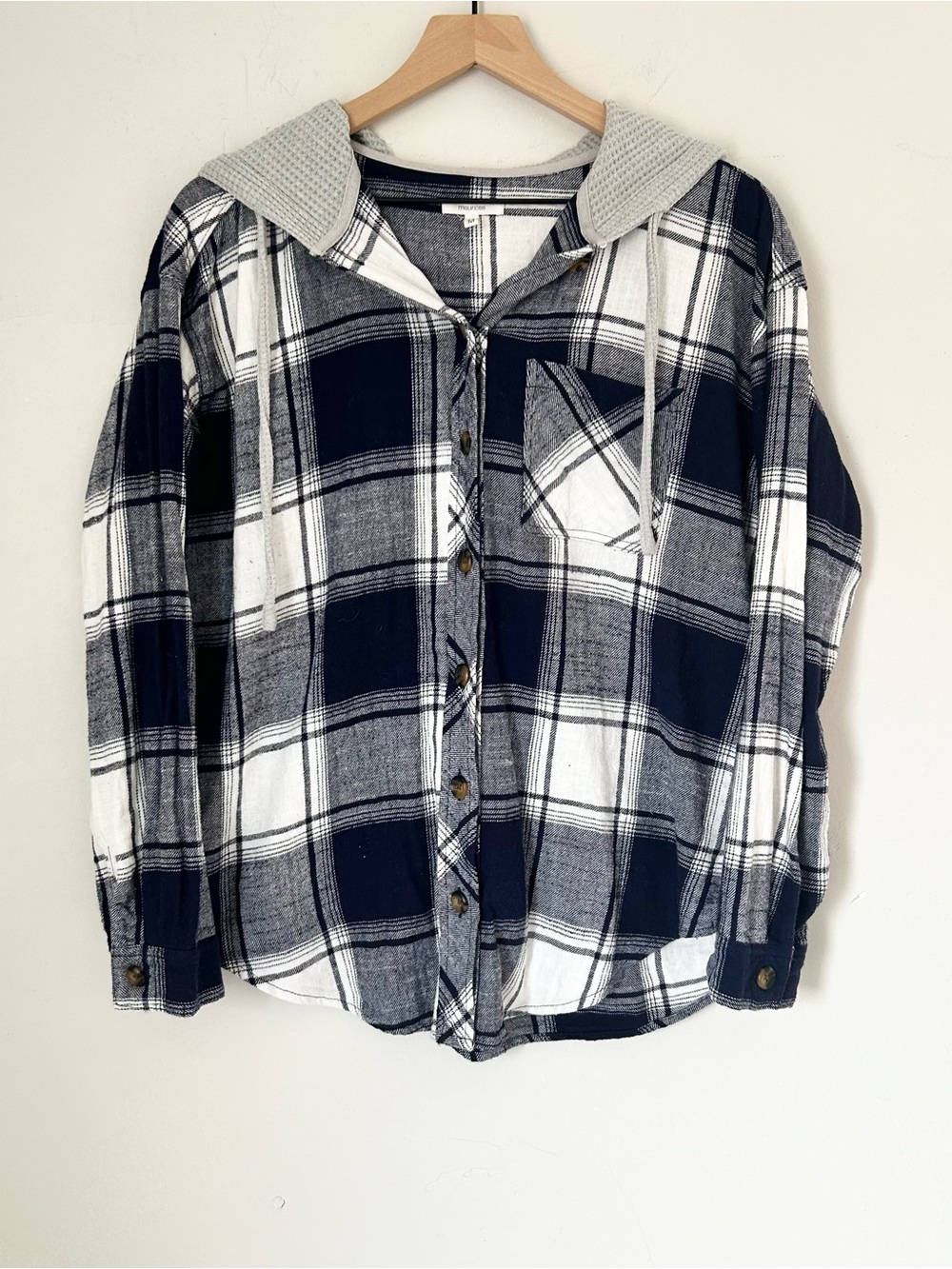 Maurices Boyfriend Blue Plaid Hooded Button Down Shirt